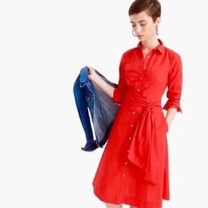 J. Crew Red Cotton Poplin Tie Waist Button Front Shirt Dress SZ 4